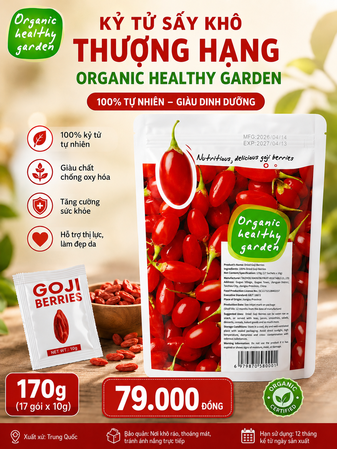 KỶ TỬ SẤY KHÔ THƯỢNG HẠNG ORGANIC HEALTHY GARDEN